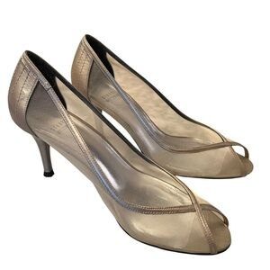STUART WEITZMAN Pumps Heels Mesh Sheer Peep-Toe Gold Size 9 Bridal Formal
